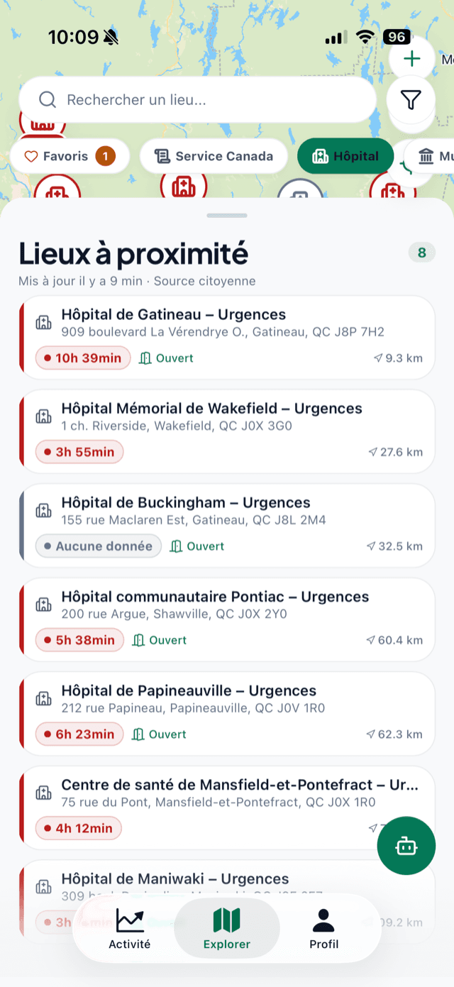 Écran Explorer d’iCivic : la carte de l’Outaouais et la liste des urgences à proximité, chacune avec son temps d’attente.